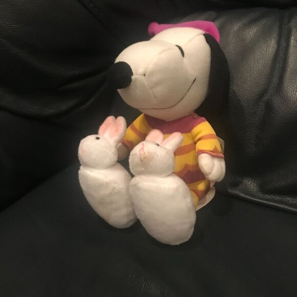 Peanuts Snoopy Wearing Purple Hat Yellow Outfit Bunny Feet Plush Stuffed Animal - Picture 1 of 6